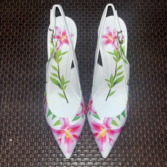 White and Pink Floral Slingback Heels - Picture 3 of 6